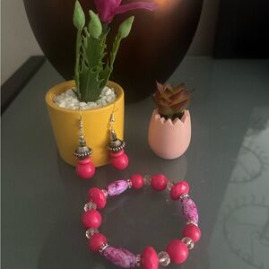 Pink Beaded Bracelet and Earring Set